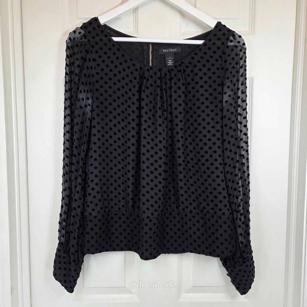 White House Black Market Long Sleeve Blouse Black Polka Dots Women's 6